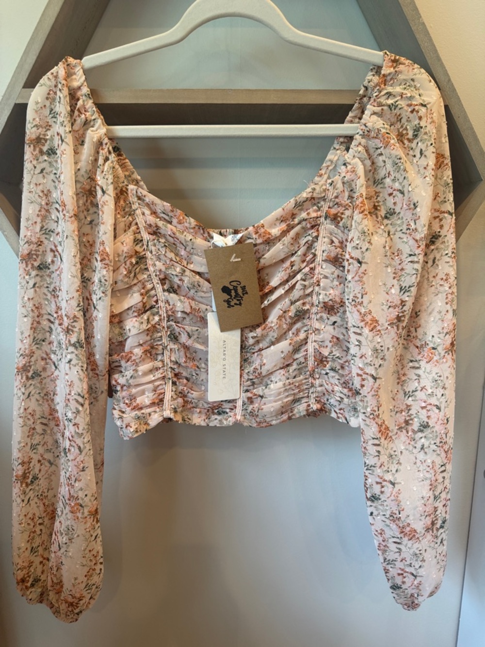 Altar'd State Blush Floral Ruched Long-Sleeve Crop Top